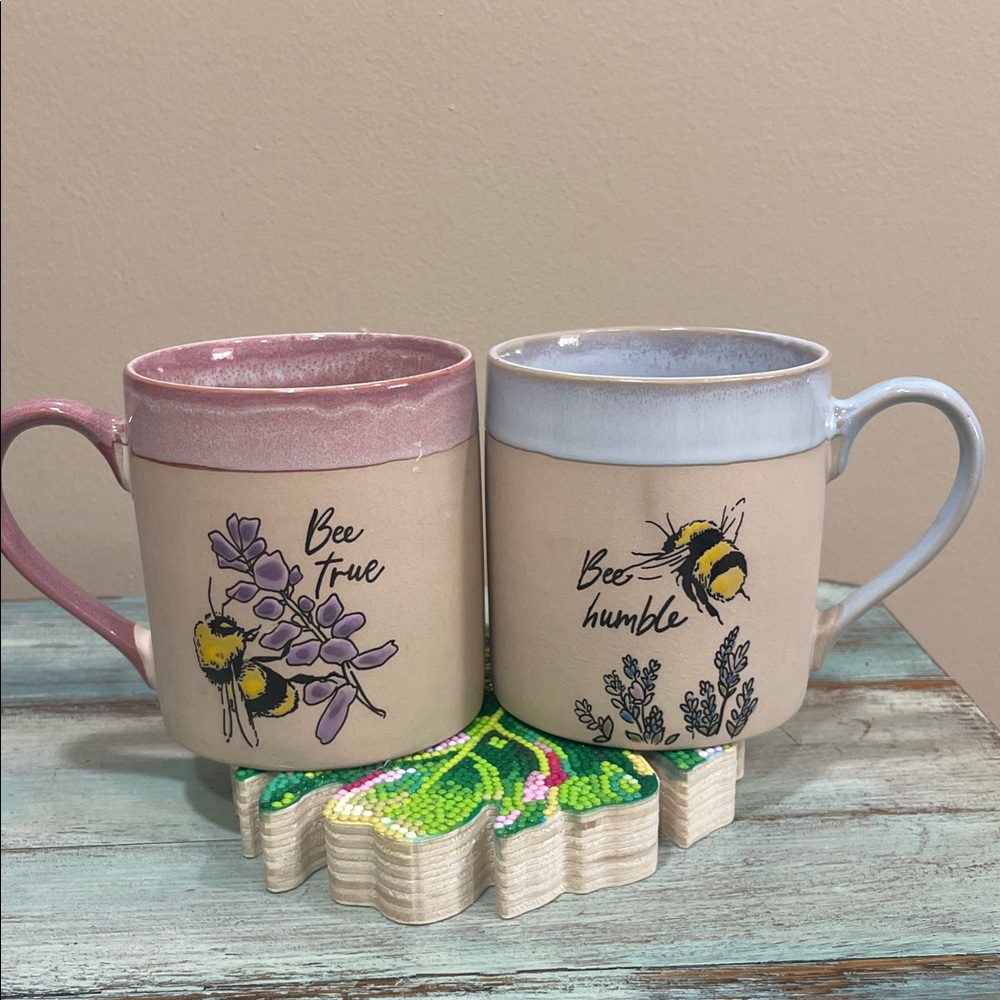 Set: Bee-Themed Stoneware Mug Set “Bee True & Bee Humble” Feminine Cottagecore